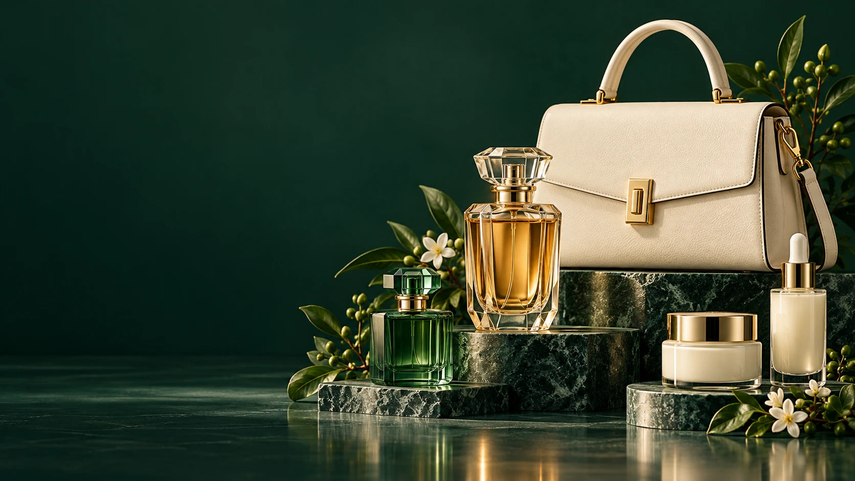 Unbranded handbag, perfume and beauty products on green display stands